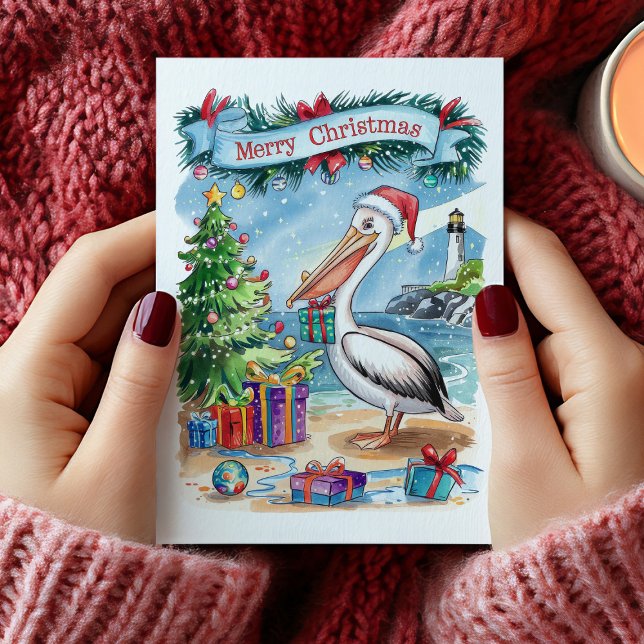 Vattentärsfärg Beach Pelican-julkort Helgkort (Watercolor Beach Pelican Christmas Card)