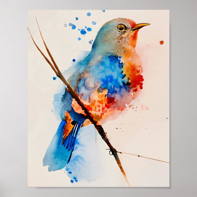 Vattentärsfärg Bird Painting Canvas Wall Art Blue  Poster (Framsidan)