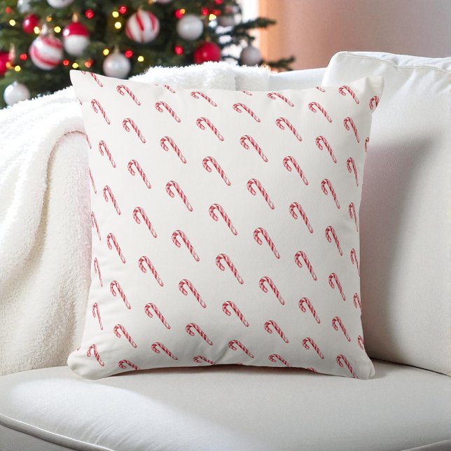 Vattentärsfärg Candy cane Vit Modern Red Festive Kudde (Watercolor Candy Cane White Modern Red Festive Throw Pillow)