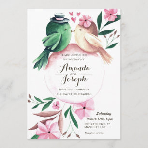 Vattentärsfärg Cute bird blommigt bröllopsinbjudan Inbjudningar