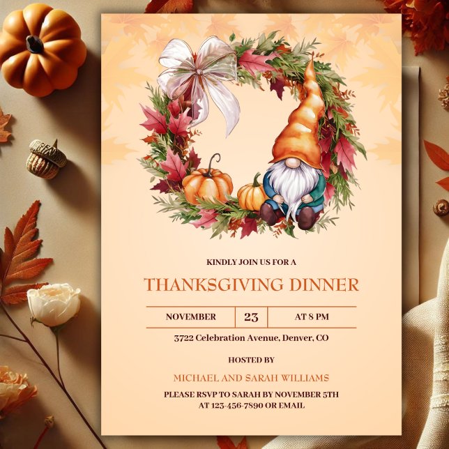 Vattentärsfärg Gnome Autumn Thanksgiving Dinner Inbjudningar (Watercolor Cute Gnome Autumn Wreath Thanksgiving Dinner Invitation)