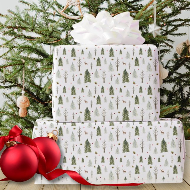 Vattentärsfärg Gräs Träd - Papper julinsvällning Presentpapper (Watercolor Pine Trees Christmas Wrapping Paper)