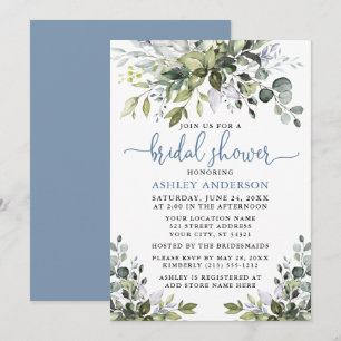 Vattentärsfärg Greenery Shower Dusty Blue Script Inbjudningar
