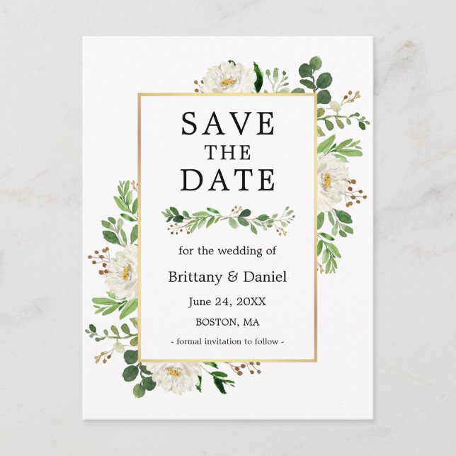 Vattentärsfärg Greenery White-Blommigt Spara datum Vykort (Framsida)