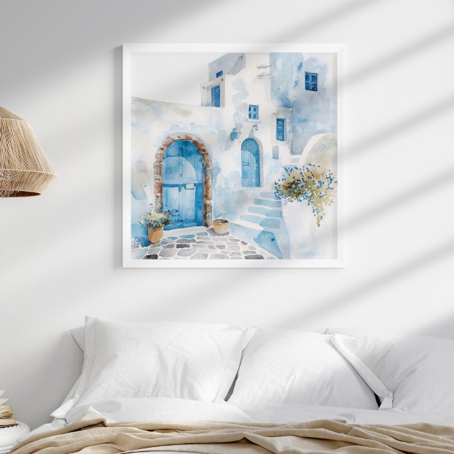 Vattentärsfärg Kustresvägg i Medelhavet Art Poster (Watercolor Mediterranean Coastal Travel Wall Art in a neutral coastal boho bedroom in white frame.)