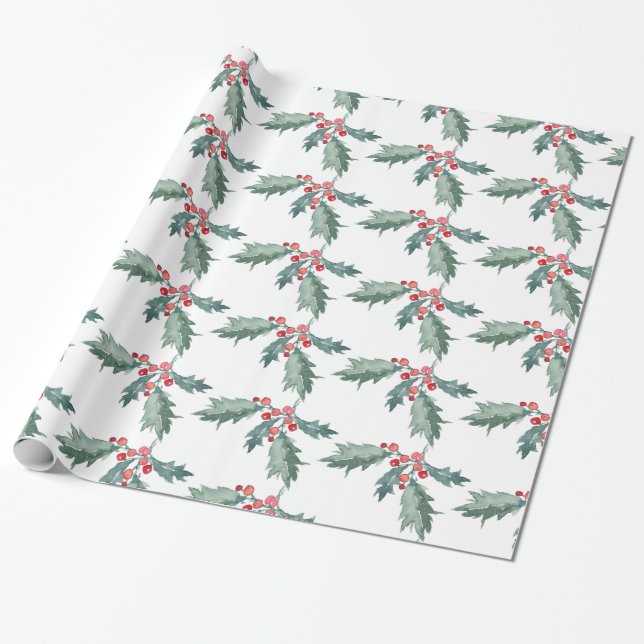 Vattentärsfärg Målad jul Holly Wrapping Papper Presentpapper (Utrullad)
