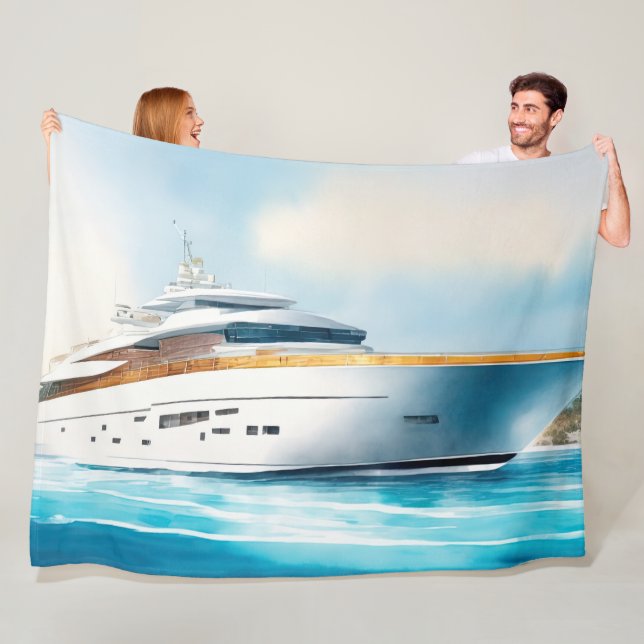 Vattentärsfärg Målad Yacht på Blå Vatten Fleecefilt (På plats)