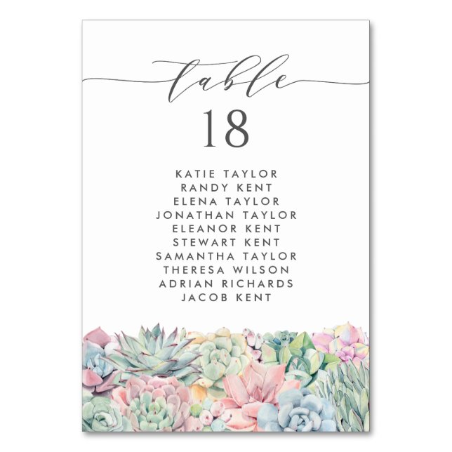 Vattentärsfärg Pastel Succulents Bröllop Sittande Bordsnummer (Framsidan)