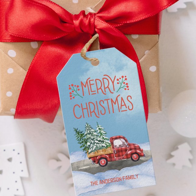 Vattentärsfärg Play Red Lastbil Snö julklapp Presentetikett (watercolor buffalo plaid truck Merry Christmas holiday gift tag)