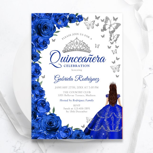 Vattentärsfärg Royal Blue Ro Blommigt Quinceanera Inbjudningar (Skapare uppladdad)