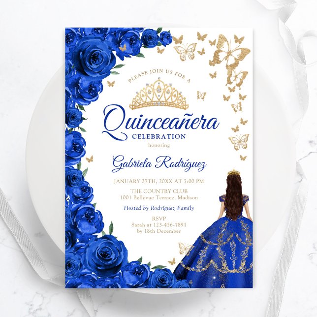 Vattentärsfärg Royal Blue Ro Blommigt Quinceanera Inbjudningar (Skapare uppladdad)