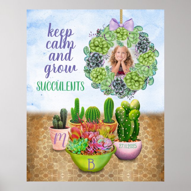 Vattentärsfärg Succulent WAN Cactus Monogram Photo Poster (Framsidan)