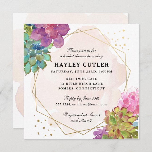 Vattentärsfärg Succulum Guld Terrarium Möhippa Inbjudningar (Fram/baksida)