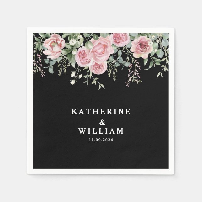 Vattentärsfärg, svart och rosa blommigt bröllop pappersservett (Framsidan)