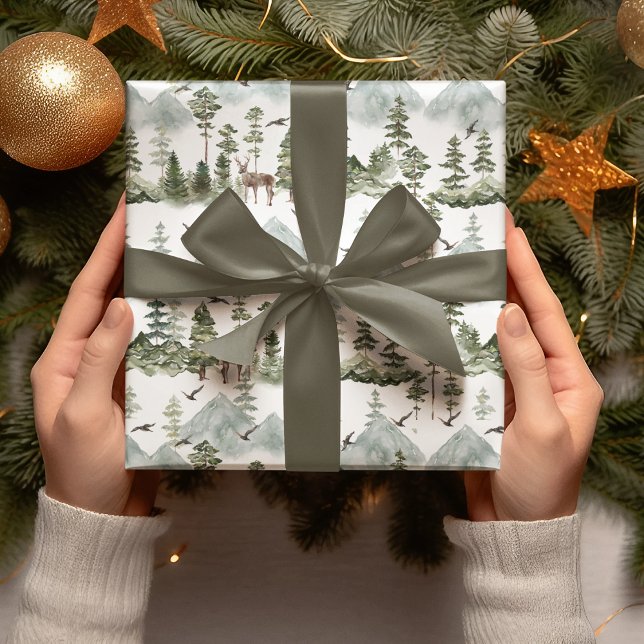 Vattentärsfärg Träd och Hjort Grönt jul Presentpapper (Skapare uppladdad)