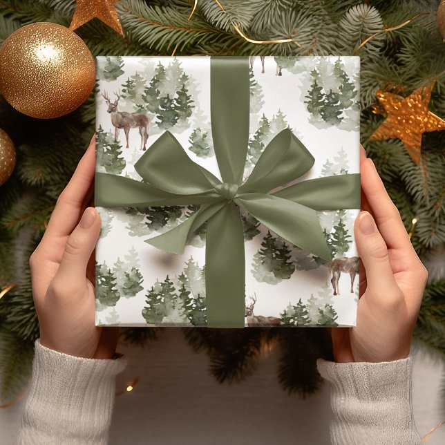 Vattentärsfärg Träd och Hjort Grönt jul Presentpapper (Skapare uppladdad)