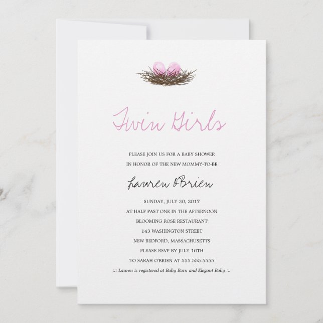 Vattentärsfärg Twin Girls Bird's Nest Baby Shower Inbjudningar (Framsida)