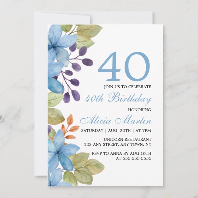 Vattentärsfärgad blå Flora oavsett ålder Inbjudningar (Framsida)