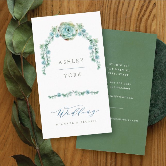 Vattentärsfärgad Blommigt Garden Wedding Planner Visitkort (Watercolor Succulent Floral Garden Wedding Planner Business Card @ fatfatin_blue_knot)