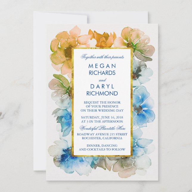 Vattentärsfärgad blomning, Elegant, bröllop Inbjudningar (Framsida)