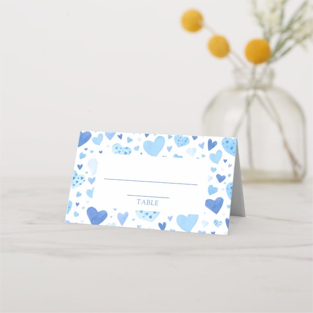 Vattentärsfärgad Cute Blue Hearts Valentine Day Placeringskort (Framsida)