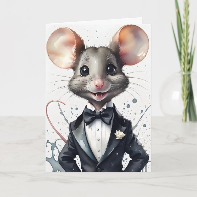 Vattentärsfärgad färgton Cute Mouse Tuxedo Black T Kort (Framsida)
