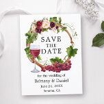 Vattentärsfärgad grafik Vines Blommigt Utandning S Vykort<br><div class="desc">Modern Elegant Watercolor Grapes and Vines Wood Wand Save Date Bröllop Announcement Postcard omfattar burgundy ro,  rosa ros,  röd ros och botaniskt grey.</div>