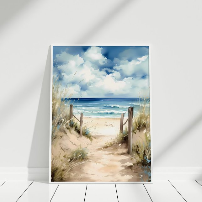 Vattentärsfärgad illustration av kustfasan poster (Watercolor Coastal Beach Illustration Wall Art in a white frame)