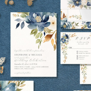 Vattentärsfärgad modern Blommigt Blue Ivory Bröllo Inbjudningar