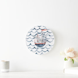 Vattentärsfärgad sjöman röd och blå monogram rund klocka