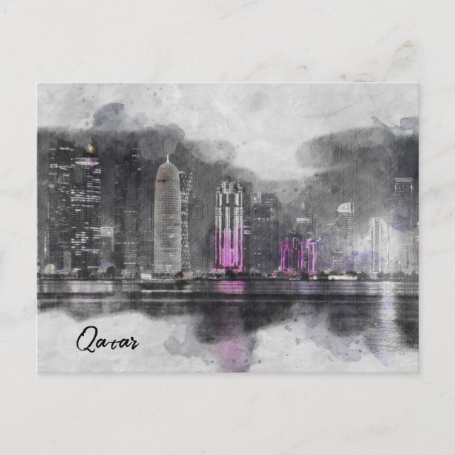Vattentärsfärgat vykort för Qatar, nattfärgat, ara (Framsida)