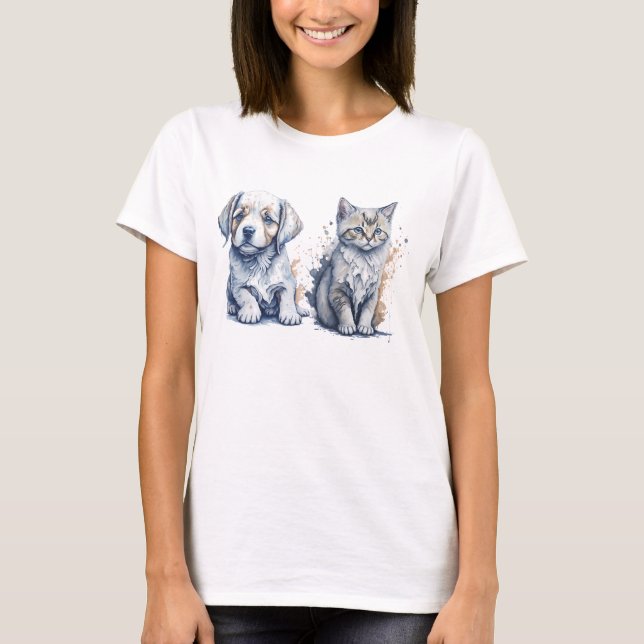 Vattentärsfärgning av en Cute Puppy och Kitten T Shirt (Framsida)