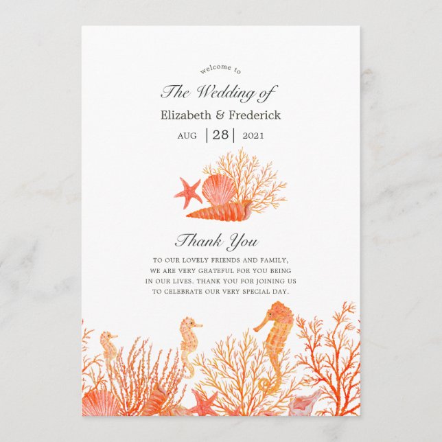 Vattentärsfärgning Living Coral Beach Wedding Program (Framsida)