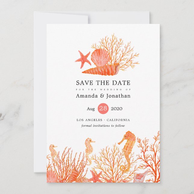 Vattentärsfärgning Living Coral Beach Wedding Spara Datumet (Framsida)