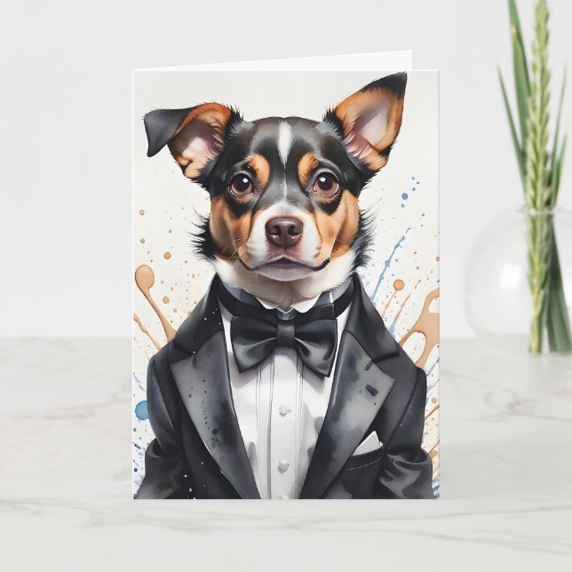 Vattentärsfärgskonst Cute Hund Tuxedo Black Bow Ti Kort (Framsida)
