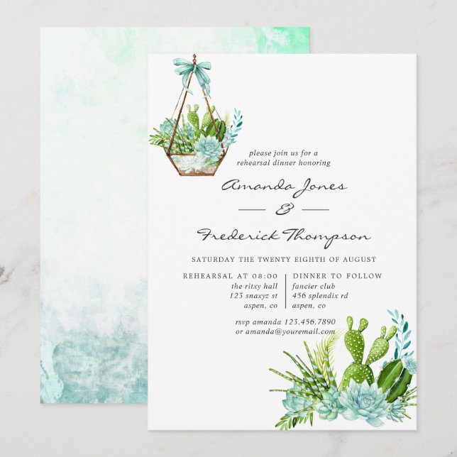 Vattentärsmåltid Terrarium Succulum Rehearsal Dinn Inbjudningar (Fram/baksida)