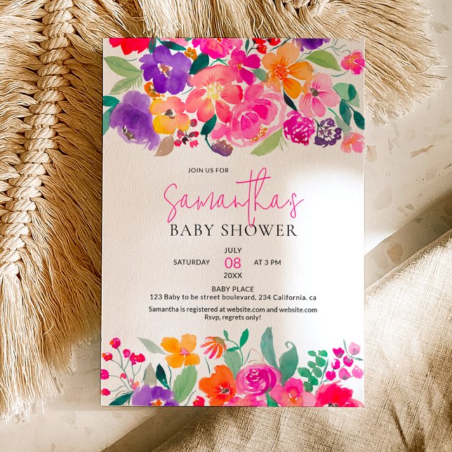 Vattentät, skarp, blommigt, vattenfärgskabb för ba inbjudningar (Bold bright pink floral watercolor baby shower invitation)