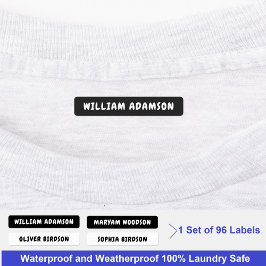 Vattentäta svarta & vita namnbrickor med fullständ klistermärke