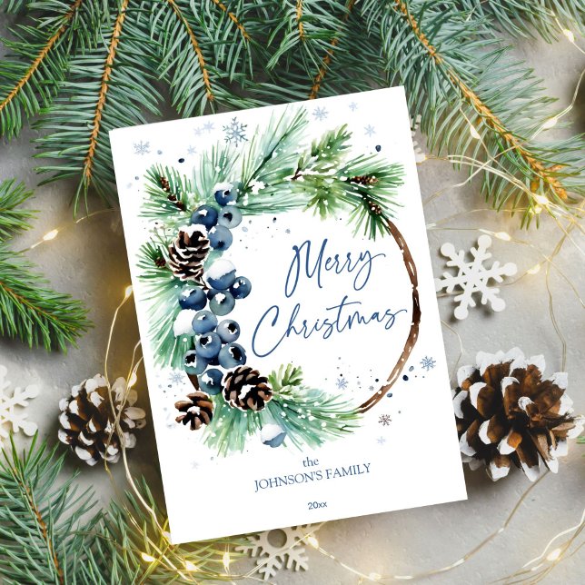 Vattentäthet i gräs julkort (Merry Christmas template holiday greeting card watercolor pine wreath blue winter berries pinecones)