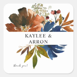 Vattentblått, Orange och brun Blommigt Tack 2 Fyrkantigt Klistermärke