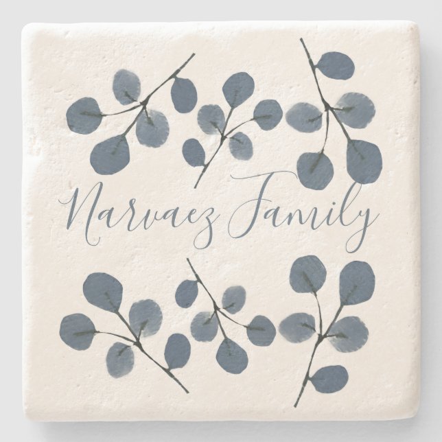 Vattentfärg Eucalyptus Blue Botanical Hand Målat Stenunderlägg (Framsidan)