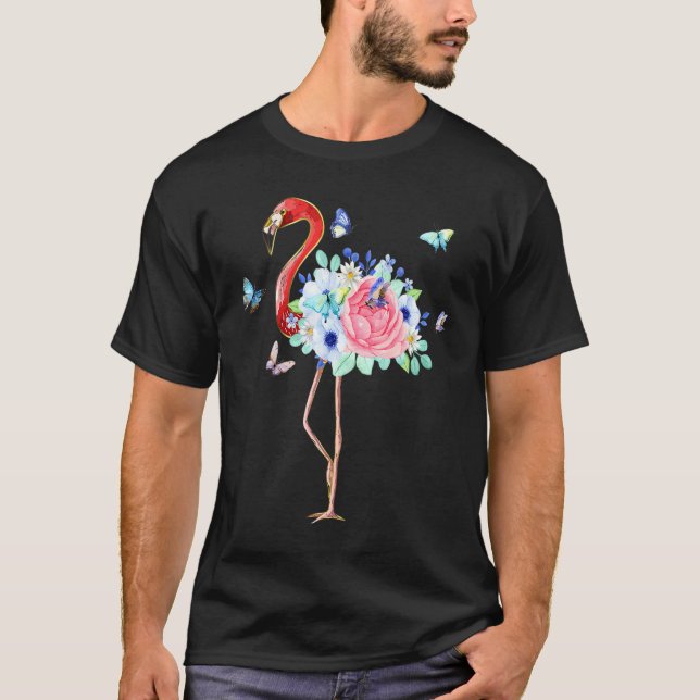 Vattentfärg för Cute Flamingo med blommor, Blommig T Shirt (Framsida)