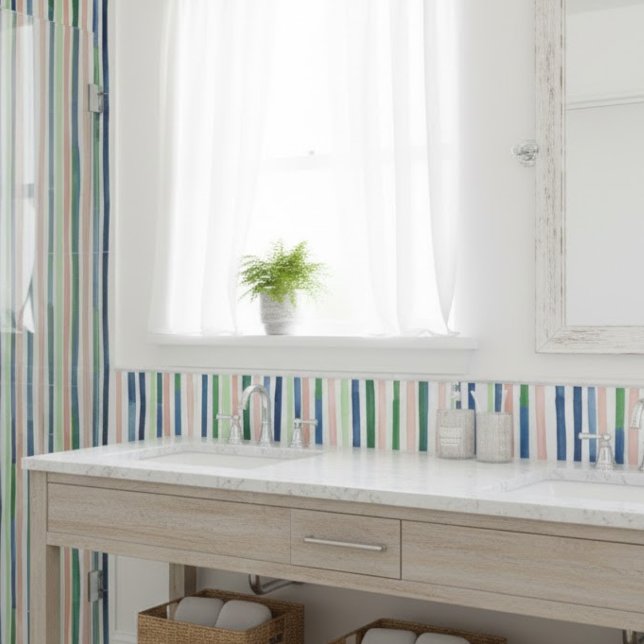 Vattentfärg Lodrät Rand Grönt Blue Coral Kakelplatta (Skapare uppladdad)