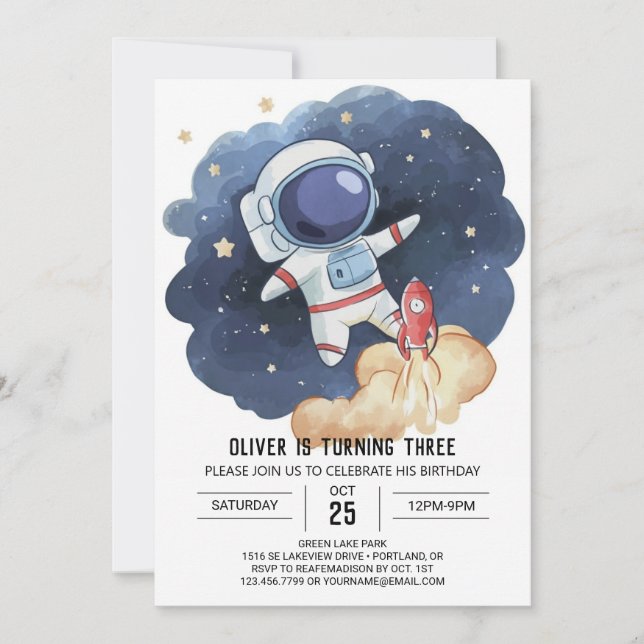 Vattentfärg Outerspace Digital Astronaut Birthday Inbjudningar (Framsida)