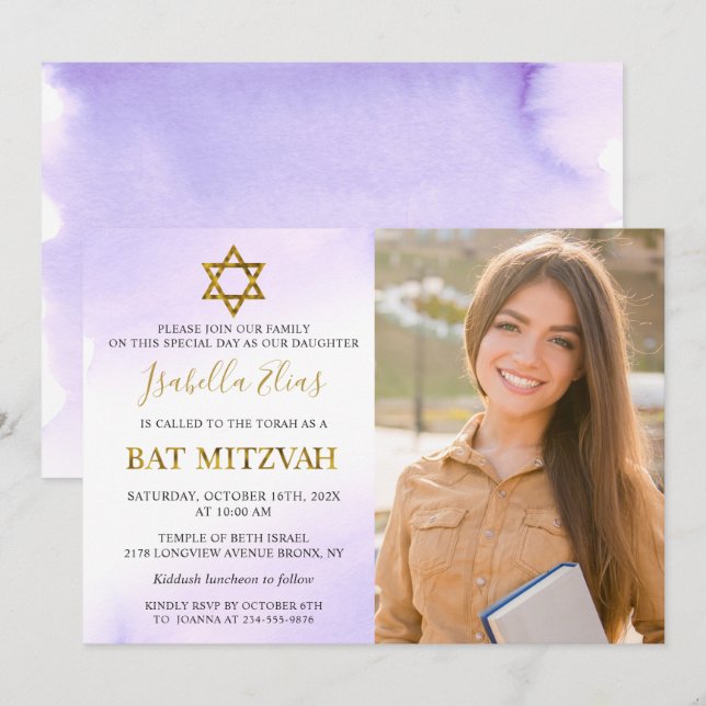 Vattentfärg Pastel Lila Guld Bat mitzvah foto Inbjudningar (Fram/baksida)