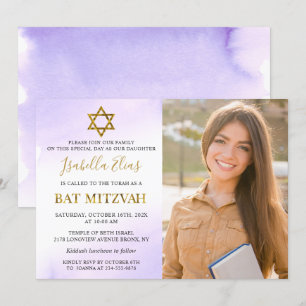 Vattentfärg Pastel Lila Guld Bat mitzvah foto Inbjudningar