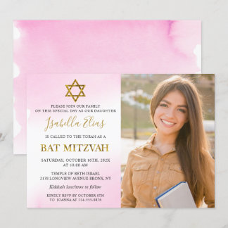 Vattentfärg Pastel Rosa Guld Bat mitzvah foto Inbjudningar