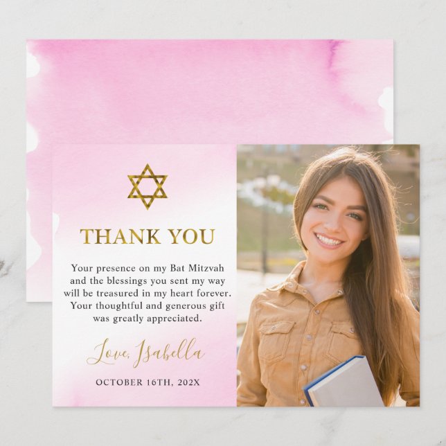 Vattentfärg Pastel Rosa Guld Bat mitzvah foto Tack Kort (Fram/baksida)