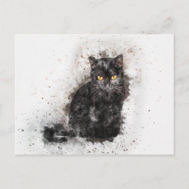 Vattentfärg, svart och vit katt vykort (Framsida)