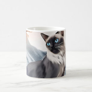Vattentfärg, svart och vitt fluffy-katt av naturen kaffemugg